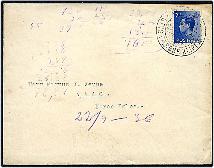 Engelsk 2½d Edward VIII på skibsbrev fra Leith annulleret med færøsk klipfiskstempel Vaag d. 20.3.1936 til Vaag, Færøerne. Notater på forsiden.