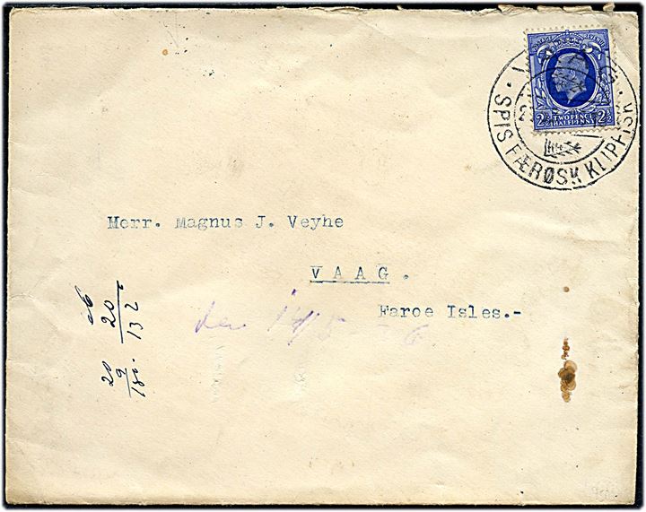 2½d George V på skibsbrev fra Leith annulleret med færøsk klipfiskstempel Vaag d. 20.5.1936 til Vaag, Færøerne.