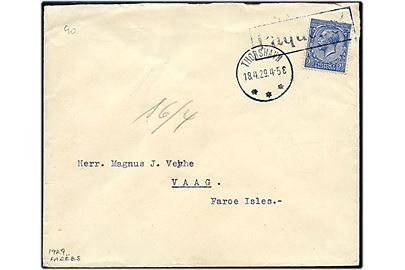 2½d George V på brev fra Leith annulleret med skibsstempel Paquebot og sidestemplet brotype IIIb Thorshavn d. 18.4.1929 til Vaag, Færøerne.