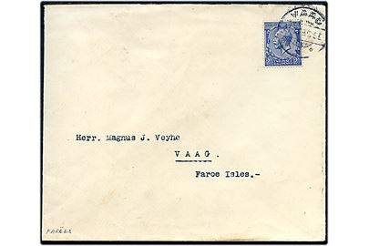 2½d George V på skibsbrev annulleret med færøsk brotype Ia Vaag d. 21.3.1930 til Vaag, Færøerne.