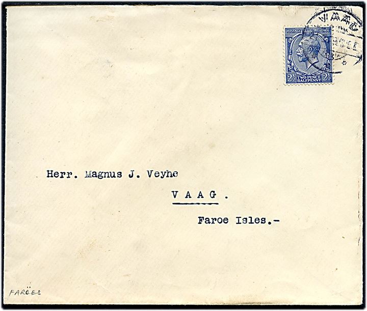 2½d George V på skibsbrev annulleret med færøsk brotype Ia Vaag d. 21.3.1930 til Vaag, Færøerne.