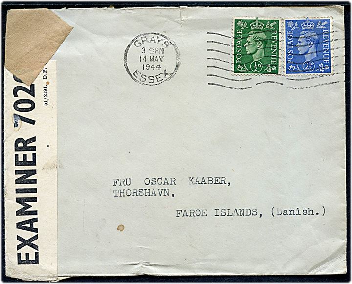Britisk ½d og 2½d George VI på brev fra Grays d. 14.5.1944 til Thorshavn, Færøerne. Åbnet af britisk censur PC90/7020.