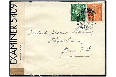 ½d og 2d George VI på brev fra West Mersea d. 9.4.1945 til Thorshavn, Færøerne. Åbnet af britisk censur PC90/5409.