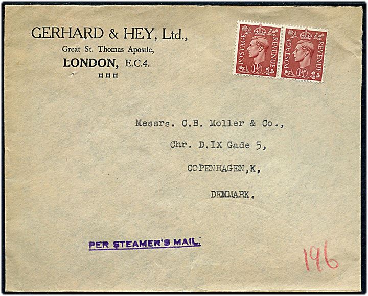 1½d George VI ustemplet i parstykke på skibsbrev fra London til København, Danmark. Violet liniestempel Per Steamer's Mail.