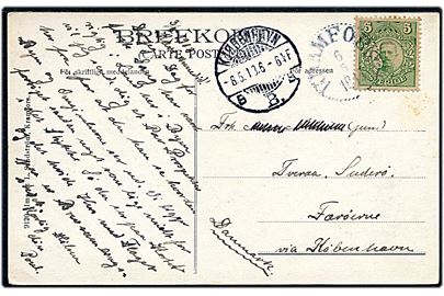 5 öre Gustaf på brevkort (Kramfors, havnen med dampskibe) stemplet Kramfors d. 6.5.1913 via Kjøbenhavn d. 8.5.1913 til Tveraa på Suderø, Færøerne. Del af modtageradresse overstreget.