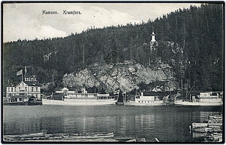 5 öre Gustaf på brevkort (Kramfors, havnen med dampskibe) stemplet Kramfors d. 6.5.1913 via Kjøbenhavn d. 8.5.1913 til Tveraa på Suderø, Færøerne. Del af modtageradresse overstreget.