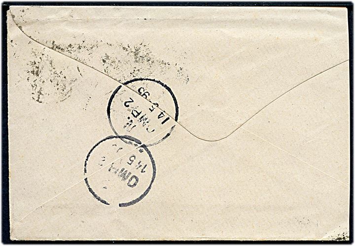 8 øre Tofarvet omv. rm. på brev annulleret svagt lapidar Thorshavn 1895 til Kjøbenhavn. På bagsiden ank.stemplet K. OMB.2 d. 14.5.1895. Afkortet i venstre side. 