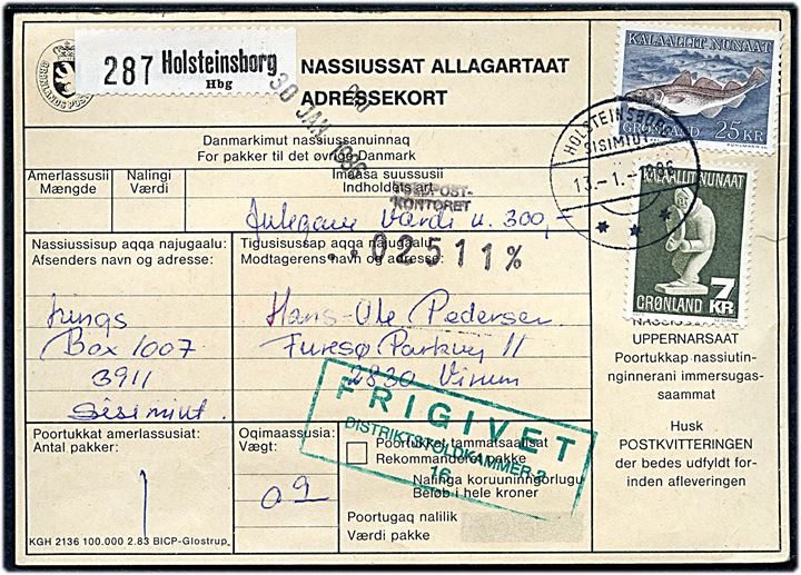 7 kr. Tupilak og 25 kr. Torsk på adressekort for pakke fra Holsteinsborg d. 13.1.1986 til Virum.
