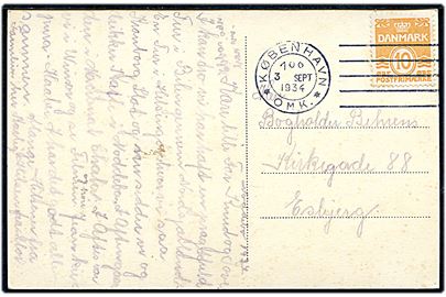 10 øre Bølgelinie på brevkort annulleret med forsøgsstempel København *OMK.* d. 3.9.1934 til Esbjerg.