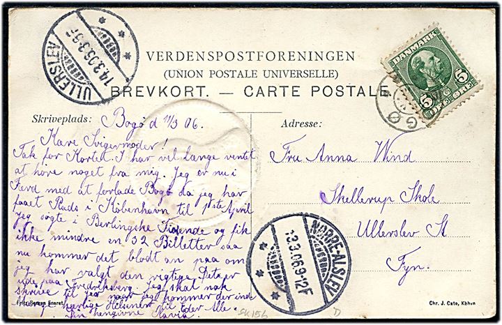 5 øre Chr. IX på brevkort (Sørgekort for Chr. IX) annulleret med stjernestempel BOGØ og sidestemplet Nørre-Alslev d. 13.3.1906 til Ullerslev.