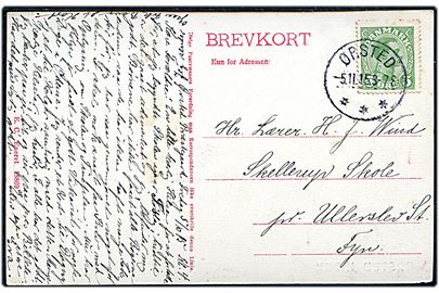 5 øre Chr. X på brevkort annulleret med brotype IIIb Ørsted d. 5.11.1915 til Ullerslev. Kortet slidt på billedsiden.