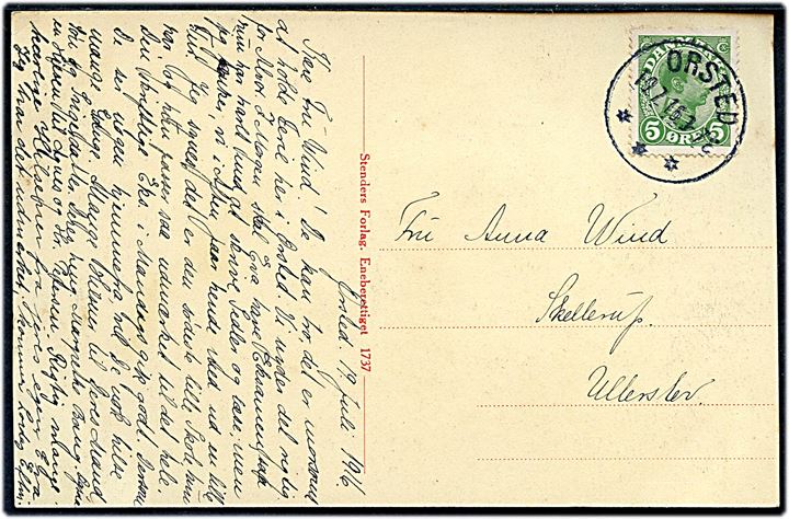 5 øre Chr. X på brevkort annulleret med brotype IIIb Ørsted d. 19.7.1916 til Ullerslev.