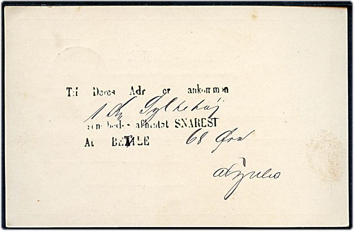 3 øre lokalt helsagsbrevkort benyttet som adviskort vedr. ankommet gods annulleret lapidar Otterup d. 8.9.189x til Skeby Præstegaard.
