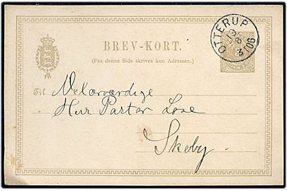 3 øre lokalt helsagsbrevkort dateret i Nislev d. 18.8.1896 annulleret med lapidar Otterup d. 19.8.1896 til Skeby.