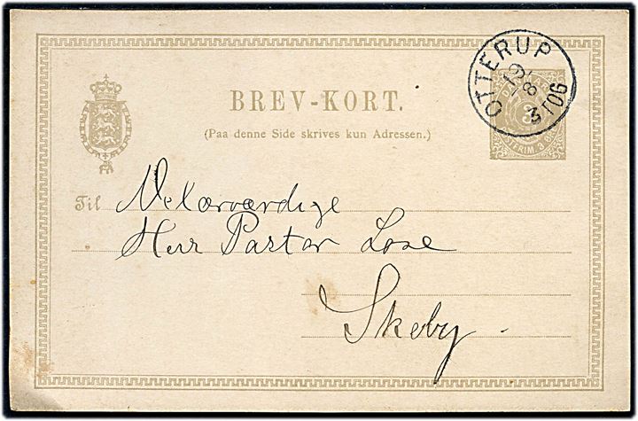 3 øre lokalt helsagsbrevkort dateret i Nislev d. 18.8.1896 annulleret med lapidar Otterup d. 19.8.1896 til Skeby.