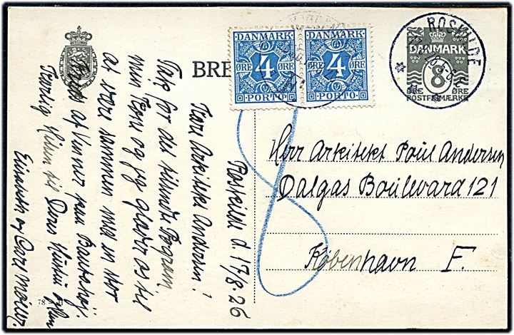 8 øre helsagsbrevkort (fabr. 78-H) sendt underfrankeret fra Roskilde d. 17.8.1926 til København. Udtakseret i porto med 4 øre Portomærke i parstykke stemplet Kjøbenhavn F. d. 18.8.1926.