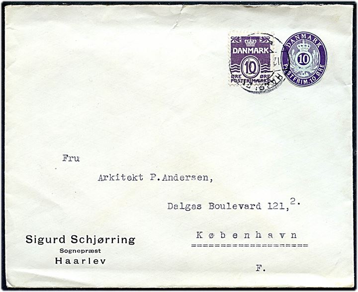 10 øre Bølgelinie og 10 øre helsagsafklip på brev fra Haarlev d. 12.3.1941 til København.
