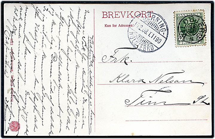5 øre Fr. VIII på brevkort annulleret med stjernestempel VILDBJERG og sidestemplet bureau Herning - Holstebro T.1190 d. 15.2.1908 til Tim.