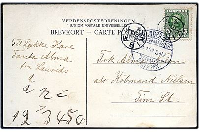 5 øre Fr. VIII på brevkort annulleret med stjernestempel KIBÆK og sidestemplet bureau Skanderborg - Skjern d. 14.2.1908 til Tim.