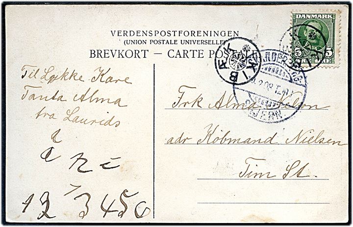 5 øre Fr. VIII på brevkort annulleret med stjernestempel KIBÆK og sidestemplet bureau Skanderborg - Skjern d. 14.2.1908 til Tim.