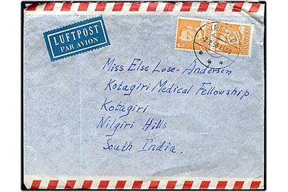 80 øre Fr. IX i lodret parstykke på luftpostbrev fra Næstved d. 2.8.1958 til Kotagiri, Indien. Ank.stemplet d. 7.8.1958.