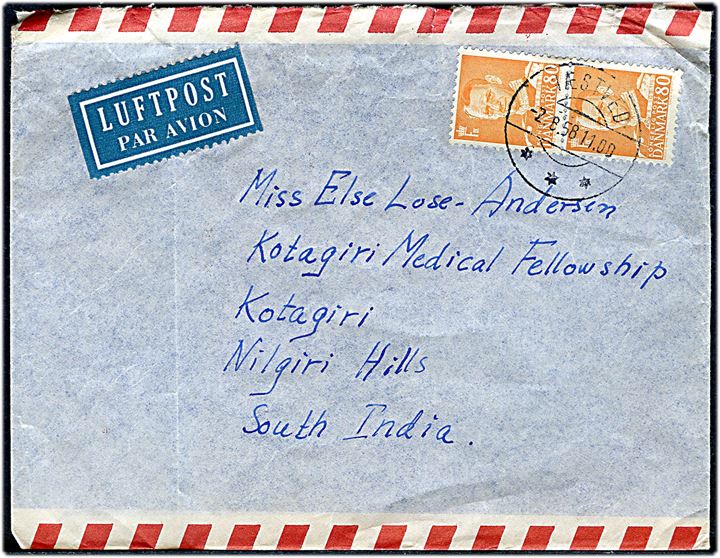 80 øre Fr. IX i lodret parstykke på luftpostbrev fra Næstved d. 2.8.1958 til Kotagiri, Indien. Ank.stemplet d. 7.8.1958.