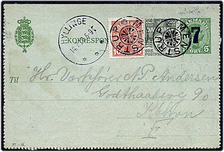 7/5+3 øre provisorisk helsags korrespondancekort (fabr. 27-H) annulleret med stjernestempel MENSTRUP og sidestemplet Hyllinge d. 14.7.1920 til København.
