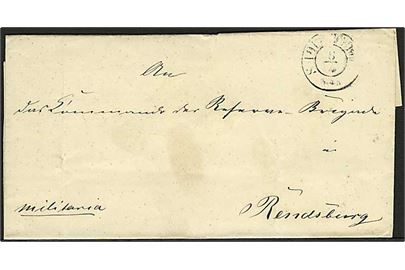 1848. Militaria brev stemplet S-H.O.P.A. Hamburg d. 8.4.(1848-1850) til militæradresse i Rendsburg. På bagsiden svagt laksegl.
