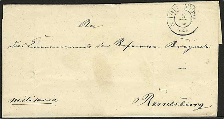 1848. Militaria brev stemplet S-H.O.P.A. Hamburg d. 8.4.(1848-1850) til militæradresse i Rendsburg. På bagsiden svagt laksegl.