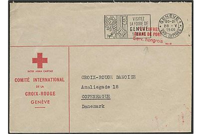 Ufrankeret fortrykt kuvert fra International Røde Kors i Geneve d. 28.5.1946 til Røde Kors i København. Liniestempel: Serv. hongrois.