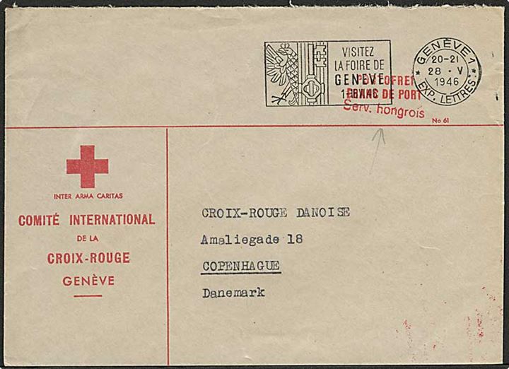 Ufrankeret fortrykt kuvert fra International Røde Kors i Geneve d. 28.5.1946 til Røde Kors i København. Liniestempel: Serv. hongrois.