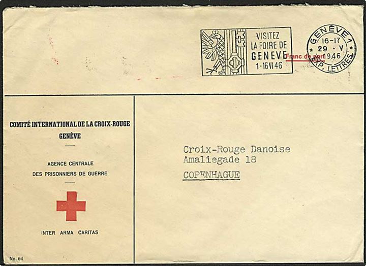 Ufrankeret fortrykt kuvert fra Internationale Røde Kors i Geneve d. 29.5.1946 til Røde Kors i København, Danmark.