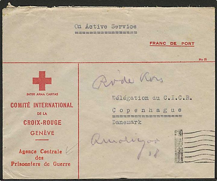 Ufrankeret kuvert fra Int. Røde Kors sendt On Active Service fra HQ 5 Civilian Relief, BAOR i Tyskland til Røde Jors i København, Danmark. Ca. 1945.