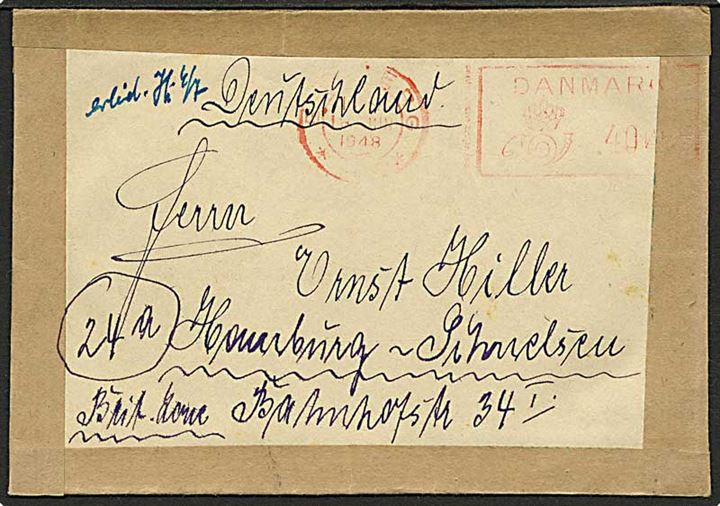 40 øre posthus-franko frankeret brev fra Esbjerg d. 18.6.1948 til Hamburg, Tyskland. Fra tysk flygtning i Oksbøl.