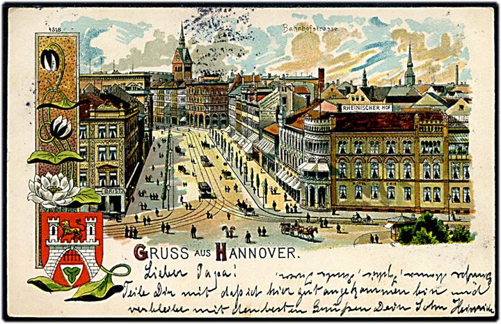 Hannover, Gruss aus Bahnhofstrasse med sporvogne. No. 4518.