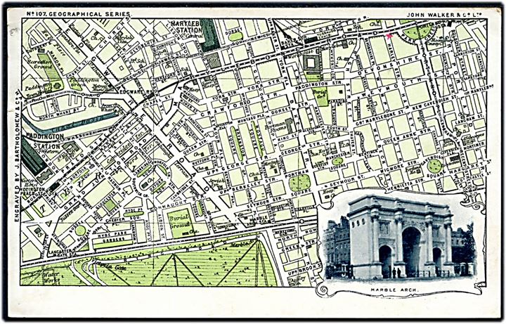 London, Marble Arch og bykort. J. Walker no. 107.
