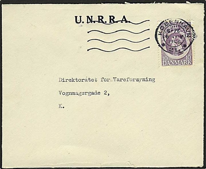 10 øre Chr. X 75 år single på fortrykt kuvert fra UNRRA (United Nations Relief and Rehabilitation Administration) sendt lokalt i København d. 6.11.1946.