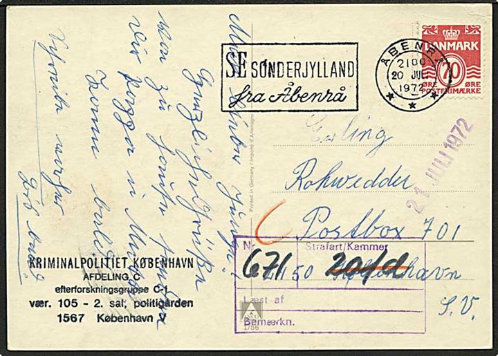 70 øre Bølgelinie på brevkort fra Åbenrå d. 20.7.1972 til indsat i Vestre Fængsel (Postboks 701), København. Fængselscensur.