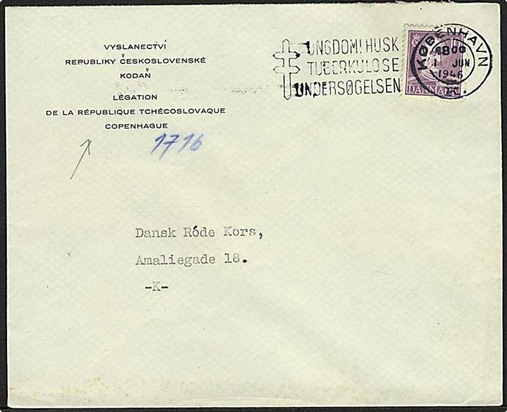 10 øre Chr. X på fortrykt lokalbrev fra den Tjekkiske Legation i København d. 1.6.1948 til Røde Kors.
