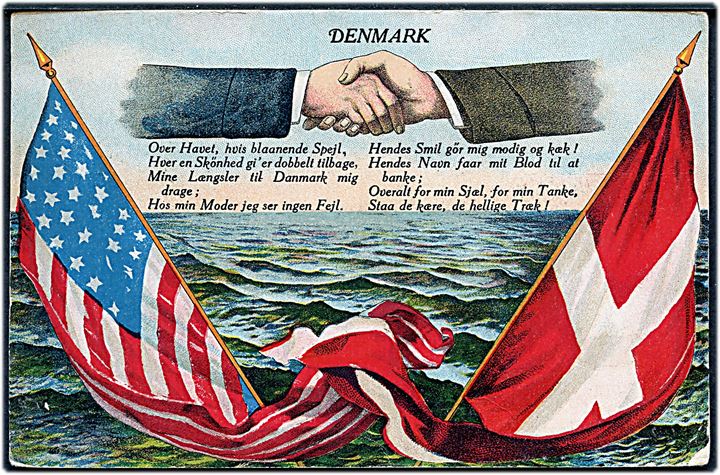 Hands across the Sea med dansk og amerikansk flag og tekst på dansk. Anvendt i Racine, Wis. d. 3.10.1908 til Danmark.