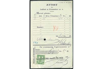 10 øre Gebyrmærke annulleret med liniestempel Kallundborg d. 22.6.1927 på Attest for Indkøb af Frimærker m.v. - F. Form. Nr. 43 (1/4 23).