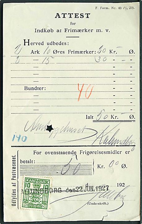 10 øre Gebyrmærke annulleret med liniestempel Kallundborg d. 22.6.1927 på Attest for Indkøb af Frimærker m.v. - F. Form. Nr. 43 (1/4 23).