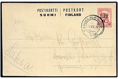 1,20 mk./40 pen. provisorisk helsagsbrevkort annulleret med bureaustempel P. Vang 30 d. 15.7.1926 til Leipzig, Tyskland.