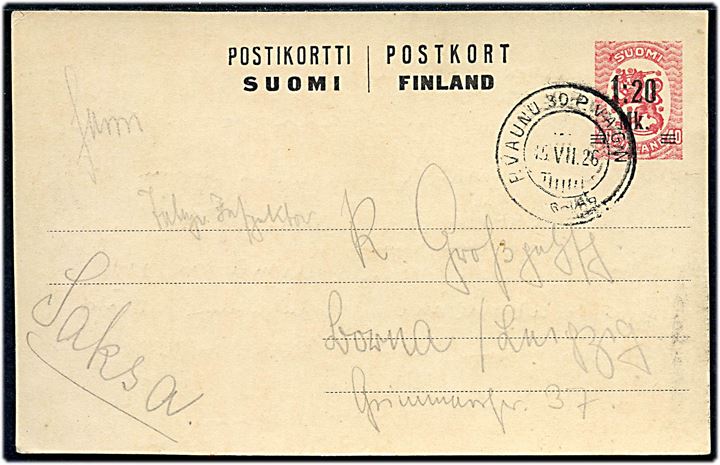 1,20 mk./40 pen. provisorisk helsagsbrevkort annulleret med bureaustempel P. Vang 30 d. 15.7.1926 til Leipzig, Tyskland.