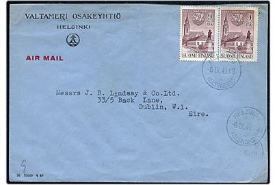 9 mk. Raahe 300 år i parstykke på luftpostbrev fra Helsinki d. 6.9.1949 til Dublin, Irland.