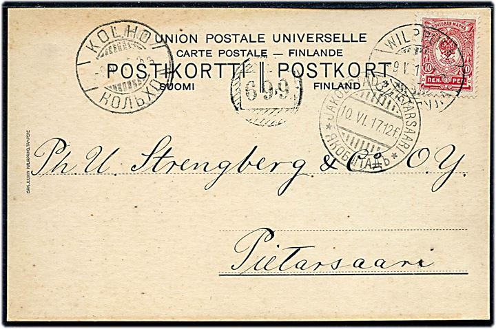 10 pen. Våben på brevkort annulleret Wilppula d. 9.5.1917 og sidestemplet med nr.stempel 699 via Kolho til Pietarssaari.