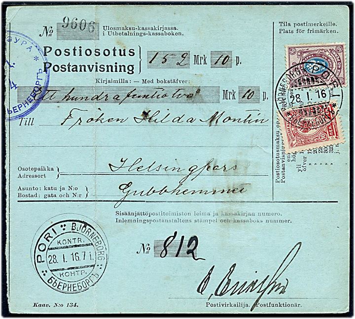 10 pen. og 40 pen. Våben på postanvisning fra Björneborg d. 28.1.1916 til Helsingfors.