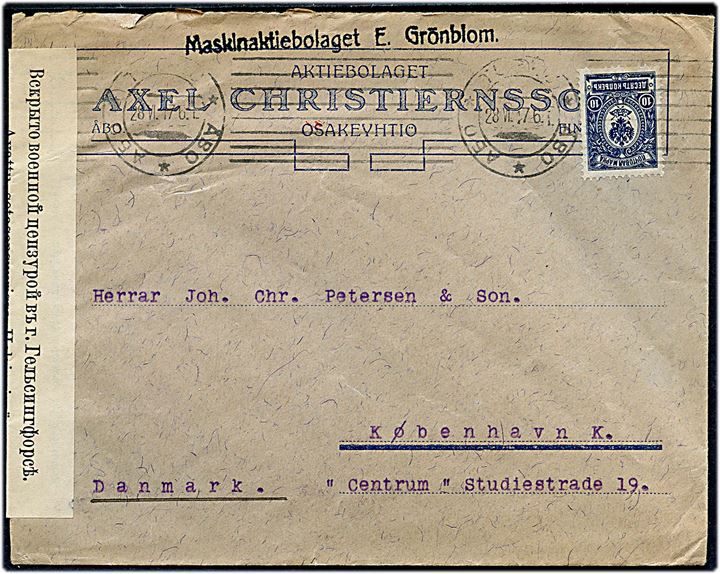 Russisk 10 kop. Våben på brev fra Åbo d. 28.6.1917 til København, Danmark. Åbnet af russisk censur i Helsingfors.