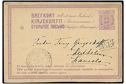 10 pen. helsagsbrevkort med bureaustempel Finska Jernvägens Post Kupé Exped. No. 4 d. 16.2.1876 og løst stationsstempel 28.