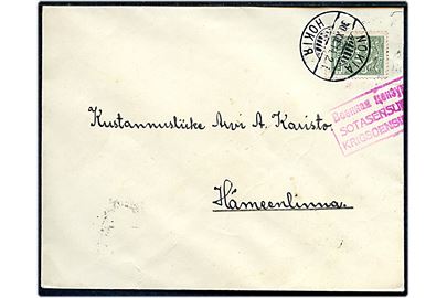 5 pen. Våben på brev fra Nokia d. 30.12.1914 til Hämeenlinna. 3-sproget censurstempel.